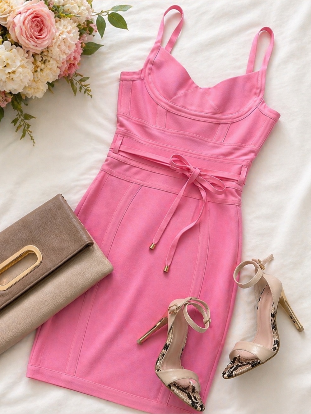 Pink Sleeveless Sheath Dress with Tie Waist